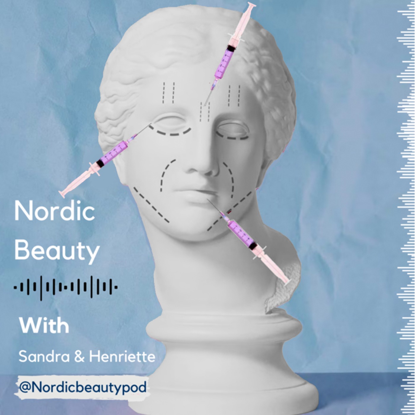 Nordic Beauty podcast-cover med en klassisk buste på blå baggrund